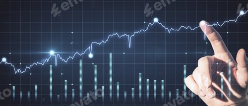 Preview: Trade And Finance Concept. Hand Pointing At Abstract Glowing Forex Chart On Dark Background