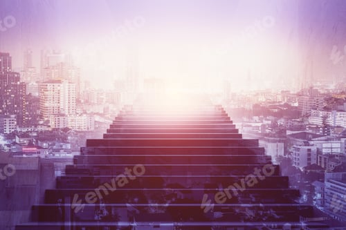 Preview: Front View Of Staircase On Abstract Bright City Background. Growth Concept. Double Exposure