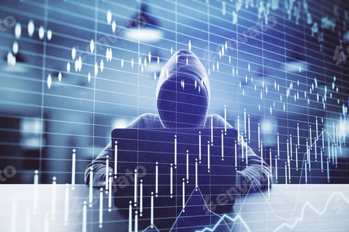 Preview: Hacker At Desktop Using Laptop With Creative Glowing Big Data Interface. Malware And Futuristic