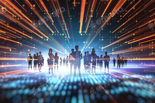 Visualização: Conceito de rede social virtual com grupo de empresários em tecnologia digital brilhante abstrata