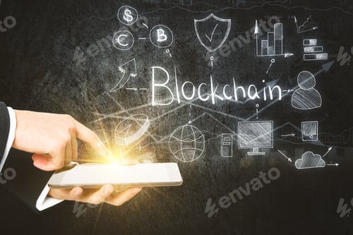 Preview: Businessman Using Tablet With Abstract Digital Blockchain Hologram. Finance And Cryptography Concept