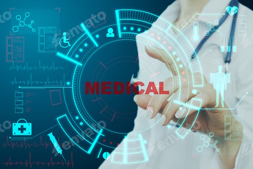 Preview: Doctor Pushing Creative Glowing Medical Interface On Clinic. Medicine And Tech Concept.