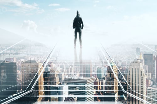 Preview: Hacker Back Silhouette Standing On The Top Of Transparent Stairs And Looking At Megapolis City