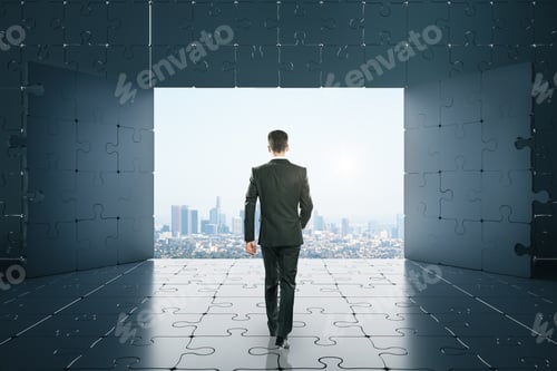 Preview: Businessman Walking In Abstract Jigsaw Interior With Megapolis City View. Opportunity And Challenge