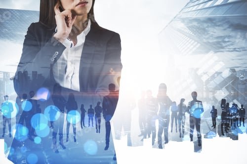 Preview: Crowd Of Businesspeople Standing On Abstract Bright City Background. Teamwork And Success Concept