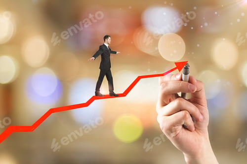 Preview: Businessman Balancing On Drawn Red Arrow. Bokeh Background. Economy And Forward Concept