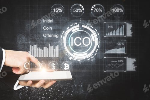Preview: Hand Using Tablet With Glowing Hologram On Dark Background. E-Commerce, Cryptocurrency And Ico