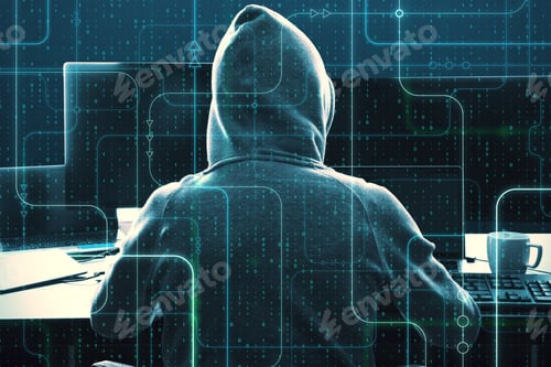 Preview: Hacker Using Laptop With Abstract Interface. Safety And Criminal Concept. Double Exposure