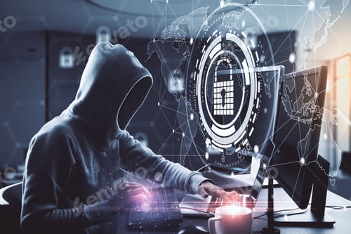 Preview: Hacking And Web Concept. Hacker At Desktop Using Laptop With Glowing Padlock Map Hologram On Blurry