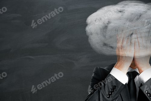 Preview: Abstract Businessman With Erased Head On Chalkboard Background. Confusion Concept