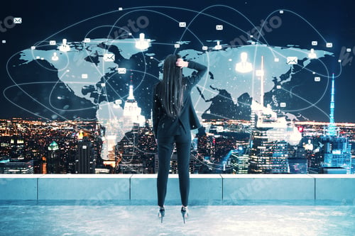 Preview: Back View Of Young Woman Looking At Map On Rooftop With Night New York City Background. Global