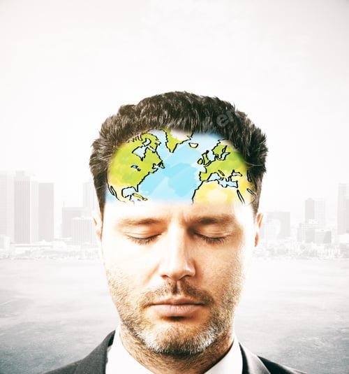Preview: Portrait Of Thinking Businessman With Map On Forehead. Abstract City Background
