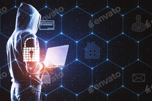 Preview: Side View Of Hacker Using Laptop With Abstract Digital Business Interface On Blurry Background
