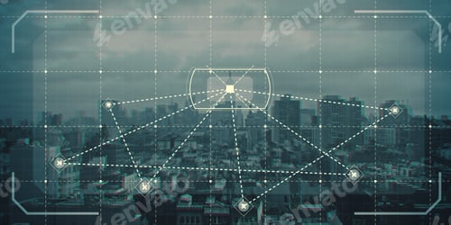 Preview: Wide Image Of Abstract City Texture With Digial Grid And Mesh. Web, Network, Map And Information