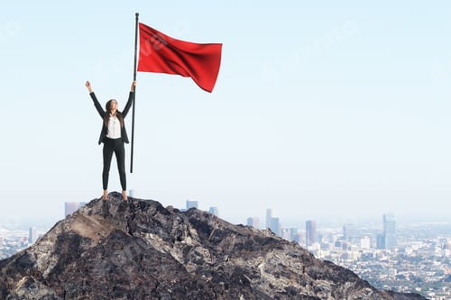 Preview: Businesswoman With Red Flag Standing On Cliff. City Skyline Background. Leadership And Success