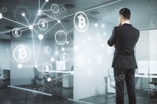 Preview: Businessman Looking At Abstract Digital Business Interface In Blurry Office Interior. Trade