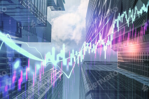 Preview: Bottom View Modern Skyscraper With Business Chart. Success And Startup Concept.