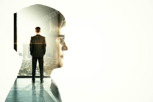 Preview: Two Businessman On Skyscraper Background. Teamwork And Communication Concept. Multiexposure