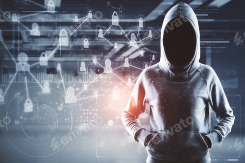 Vista previa: Joven hacker irreconocible con una interfaz empresarial digital en un interior borroso. Futuro y hackeo