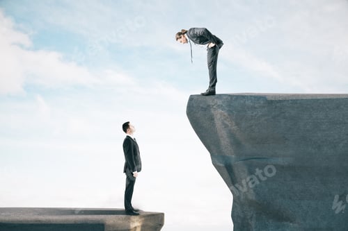 Preview: Two Businessman Standing On Mountain. Blue Sky Background. Leadership And Success Concept