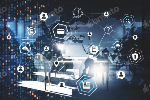 Preview: Side View Of Creative Glowing Big Data Interface. Malware And Futuristic Concept. Multiexposure. 3D