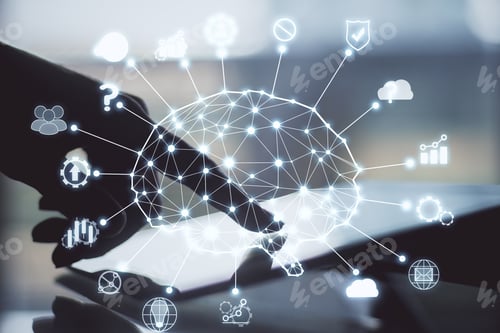Preview: Hand Using Tablet With Creative Ai Circuit Brain And Icons On Desktop. Artificial Intelligence And