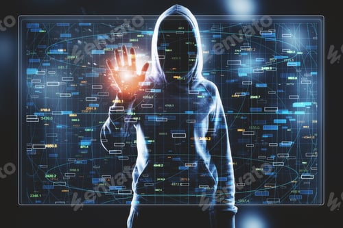 Preview: Front View Of Hacker In Hoodie Using Glowing Forex Interface On Blurry Background. Hacking And