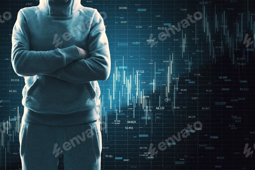 Preview: Hacker With Folded Arms Standing On Dark Background With Forex Chart. Malware And Invest Concept