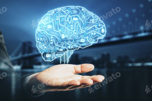 Preview: Hand Holding Glowing Circuit Brain Hologram On City Background. Ai And Business Communication