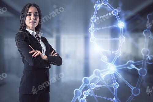Preview: Attractive Young European Businesswoman With Folded Arms And Abstract Glowing Dna Hologram In