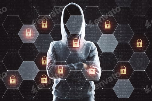 Preview: Internet Security Concept With No Face Hacker And Digital Screen With Security And Lock