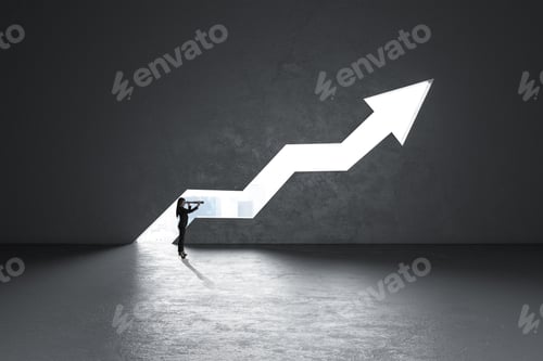 Preview: Businesswoman With Telescope Looking At Glowing City View Opening Growing Upward Arrow In Concrete