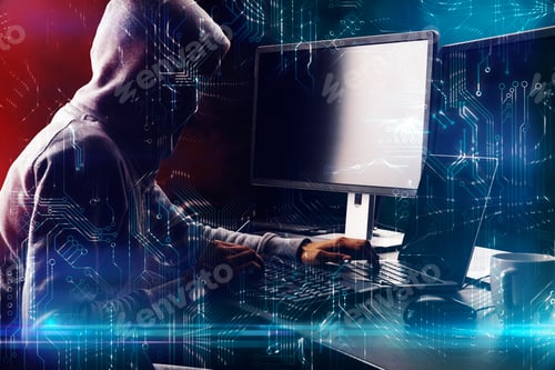 Preview: Side View Of Hacker Using Computer With Circuit On Blurry Background. Hacking And Malware Concept
