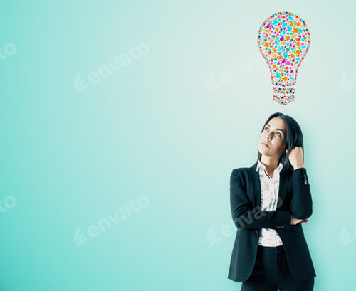 Preview: Portrait Of Pretty Young European Woman With Creative Hand Gesture Lightbulb On Blue Background