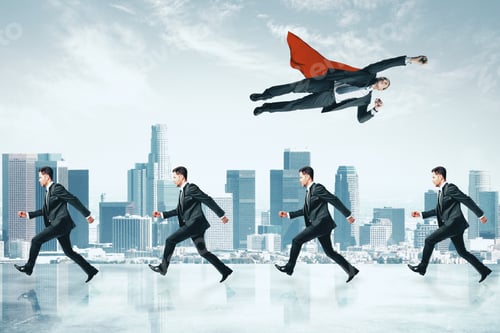 Preview: Businessman Flying Over Row Of Other Businessmen On City Background. Different Direction And