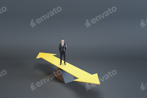 Preview: Young Businessman Standing On Abstract Balancing Different Direction Arrow On Gray Background With