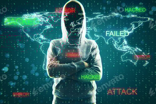 Preview: Hacker On Binary Code Background With Map. Hacker And Attack Concept. Double Exposure