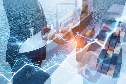 Preview: Businessmen Shaking Hands On Abstract Double Exposure Background With Forex Graph, Cargo And Cargo