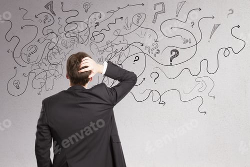 Preview: Stressed Businessman With Abstract Arrows Sketch On Concrete Wall Background. Confusion And