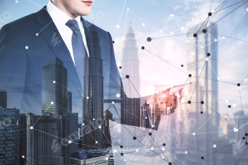 Preview: Businessman Using Cellphone On Abstract City Background With Digital Mesh. Communication And