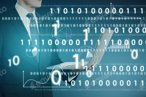 Preview: Portrait Of Attractive European Businessman Holding Laptop With Abstract Glowing Interface With