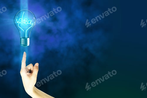 Preview: Hand With Creative Glowing Idea Lamp On Blue Smoke Background With Copy Space. Innovation And