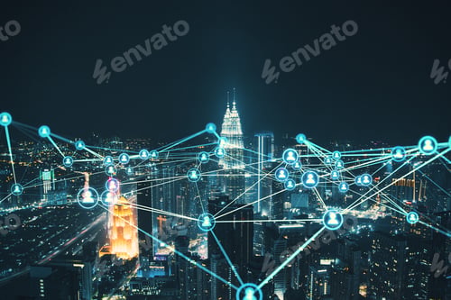Preview: Abstract Glowing Polygonal Network With People Icons On Blurry City Background With Mock Up Place