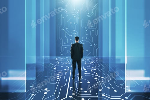 Preview: Back View Of Young Businessman Standing In Abstract Circuit Interior. Technology And Ai Concept.