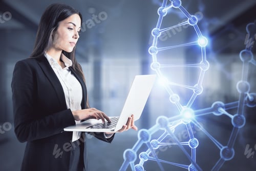 Preview: Bioengineering Concept With Businesswoman Working On Laptop And Hologram Dna Strand On Background