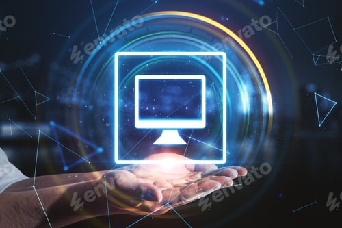 Preview: Hand Holding Digital Computer Icon Hologram. Innovation And Technology Concept.