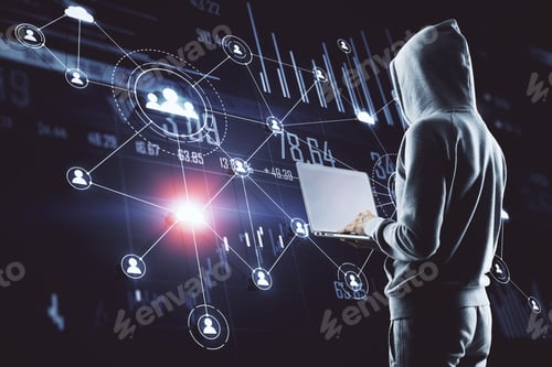 Preview: Hacker Holding Laptop With Glowing Human Resource Interface And Business Infographic. Recruiting