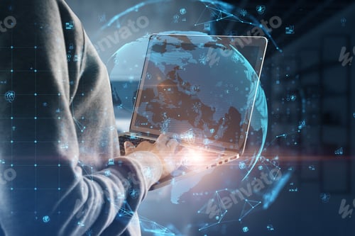Preview: Close Up Of Hand Using Laptop With Glowing Polygonal Globe With Social Icons On Blurry Office