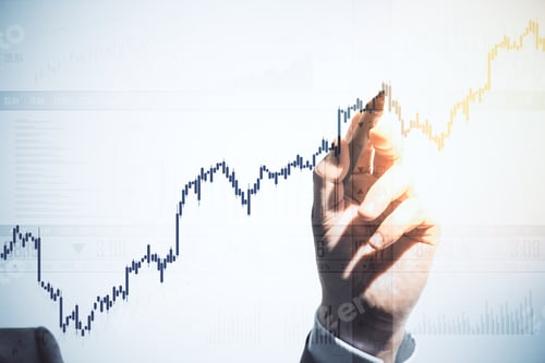 Preview: Businessman Hand Drawing Business Stock Analytics On Virtual Screen. Finance And Trade Concept.