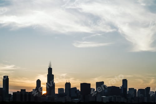 Preview: Beautiful Chicago Cityscape At Sunset, Backlit